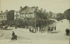 Trace horses waiting to haul bus up Elpinstone Road to the Langham